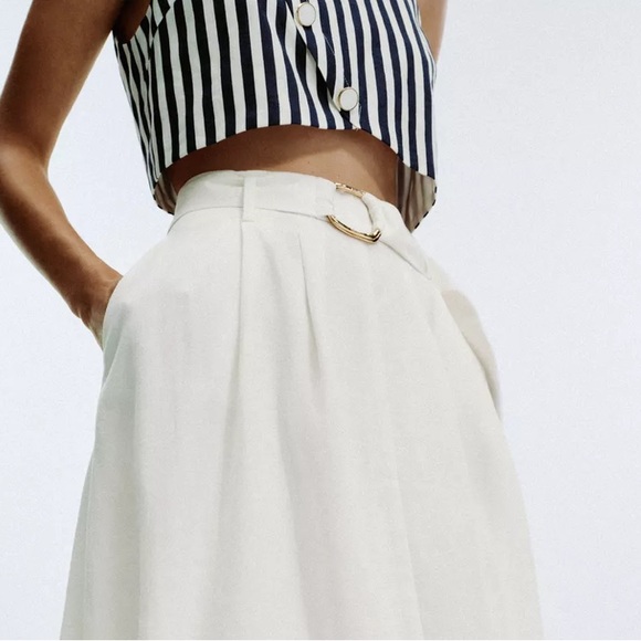 NWT Zara | Belted Linen Dress Waist Cut-out Navy Ivory Nautical coastal vibe - Picture 11 of 16